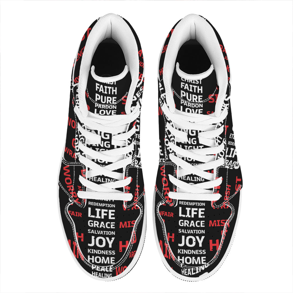 Christian Cross Religious Words Print High Top Leather Sneakers