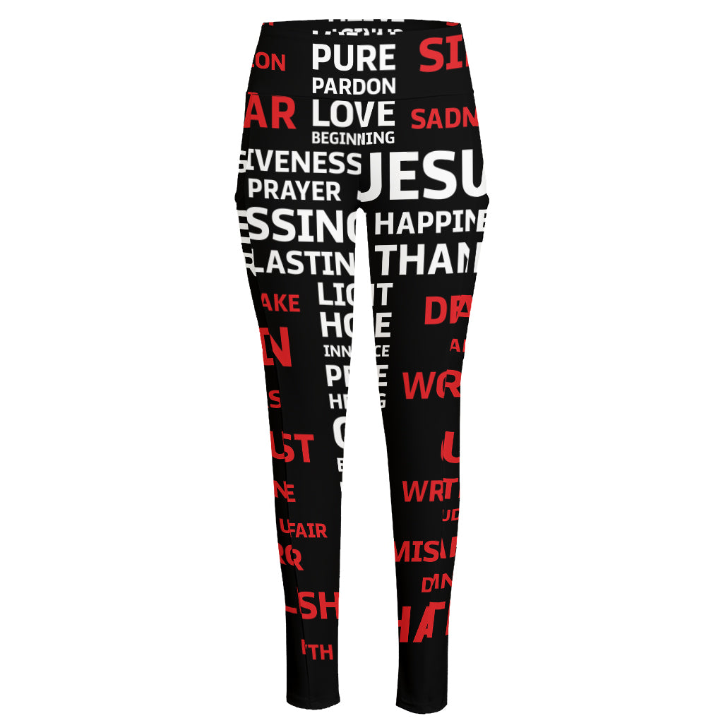 Christian Cross Religious Words Print High-Waisted Pocket Leggings