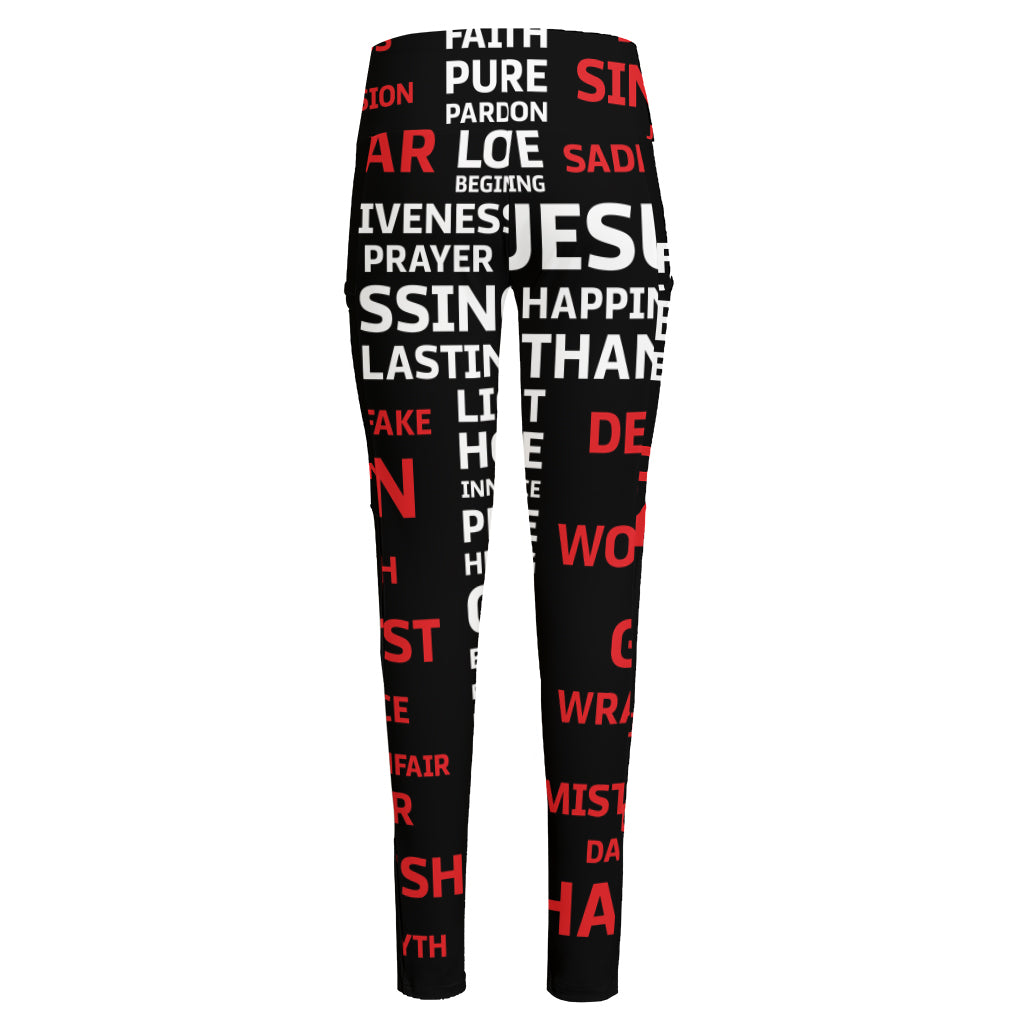 Christian Cross Religious Words Print High-Waisted Pocket Leggings