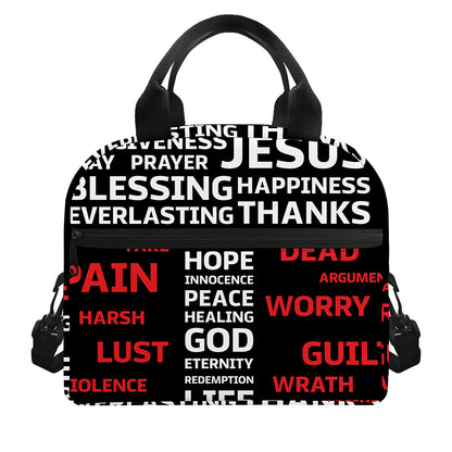 Christian Cross Religious Words Print Insulated Lunch Bag