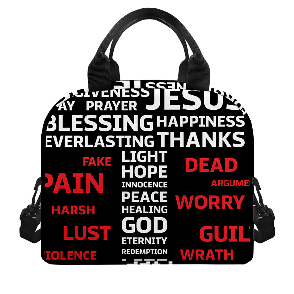Christian Cross Religious Words Print Insulated Lunch Bag