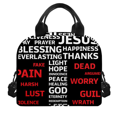Christian Cross Religious Words Print Insulated Lunch Bag