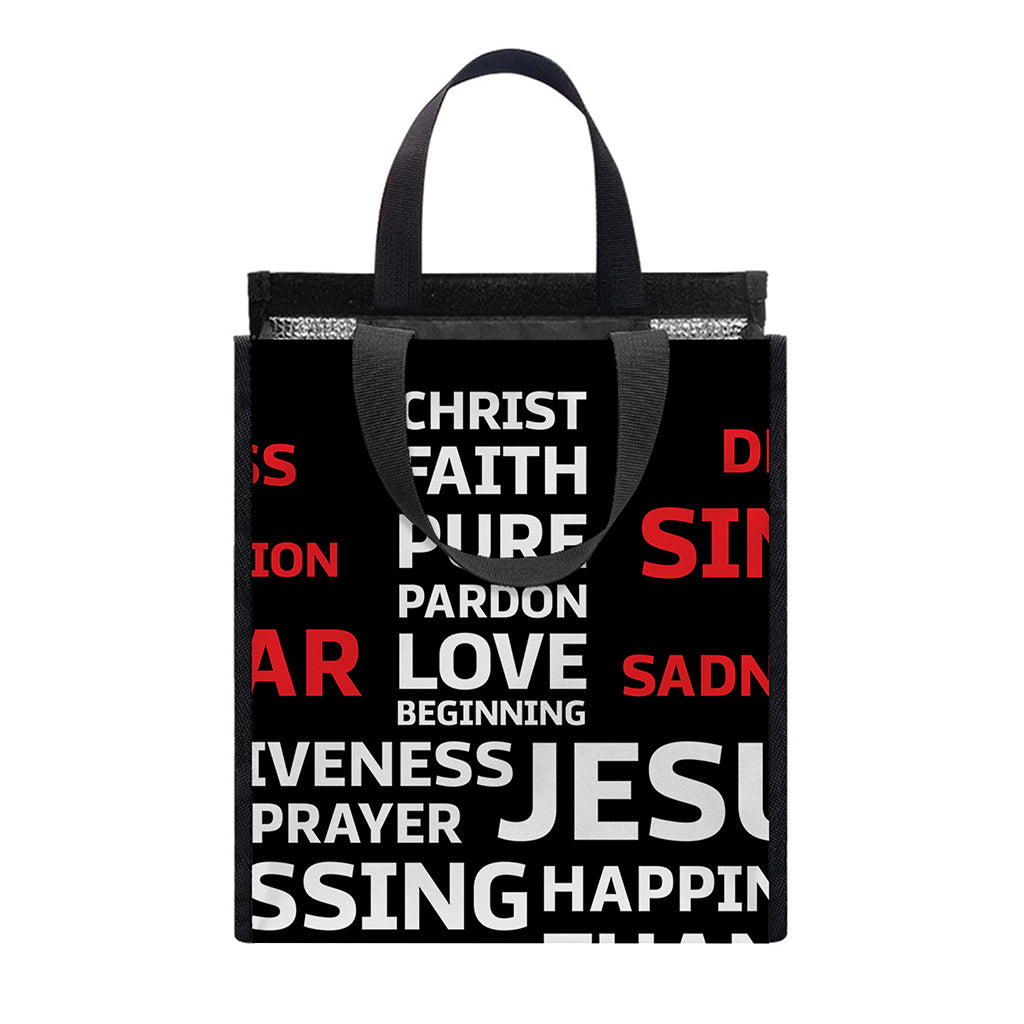 Christian Cross Religious Words Print Insulated Lunch Tote