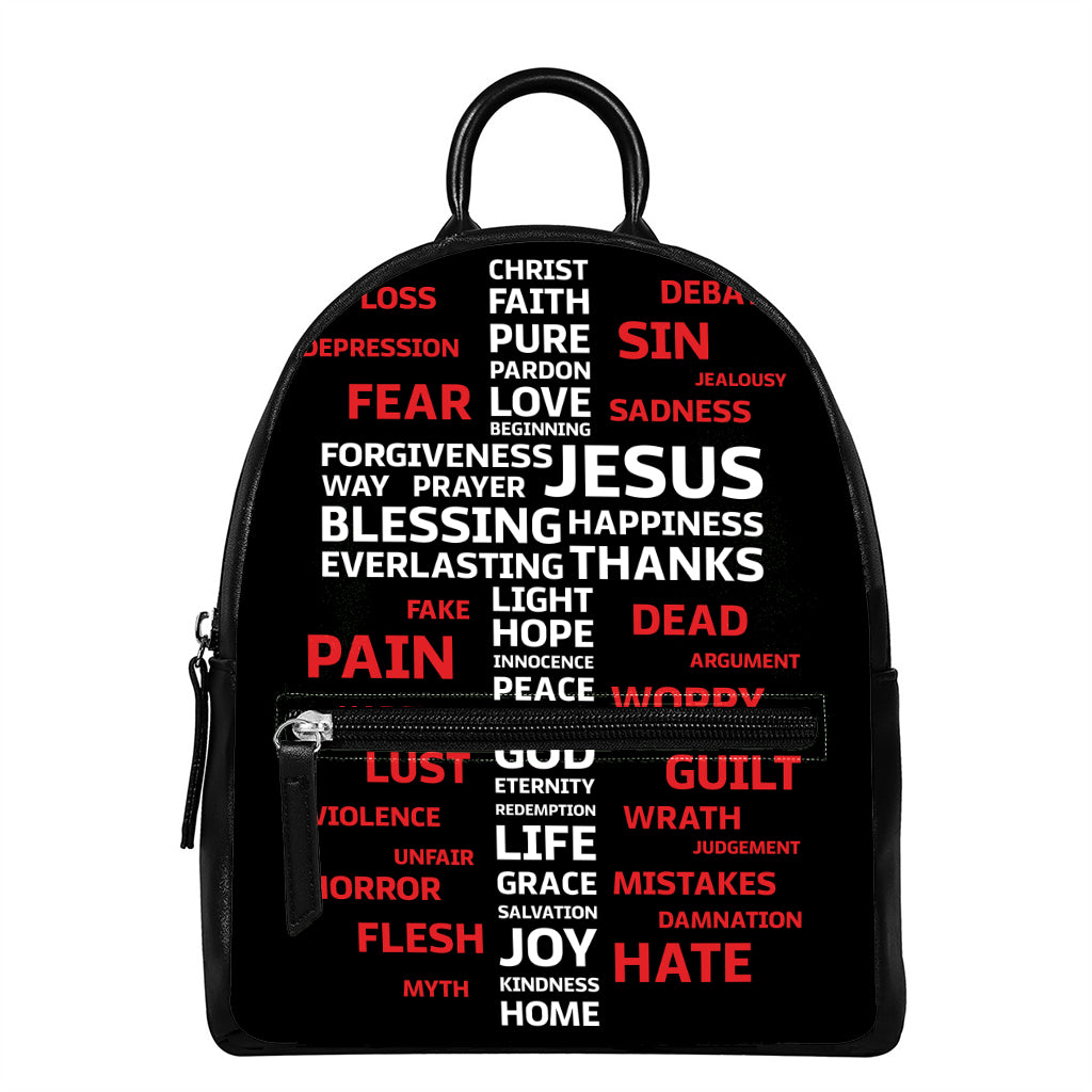 Christian Cross Religious Words Print Leather Backpack