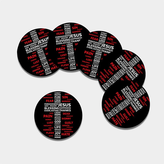 Christian Cross Religious Words Print Leather Coaster Set