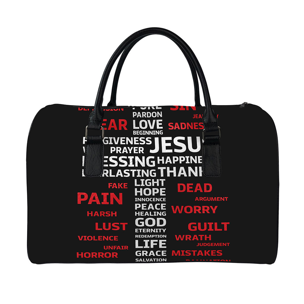 Christian Cross Religious Words Print Leather Duffle Bag