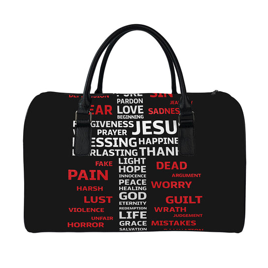 Christian Cross Religious Words Print Leather Duffle Bag