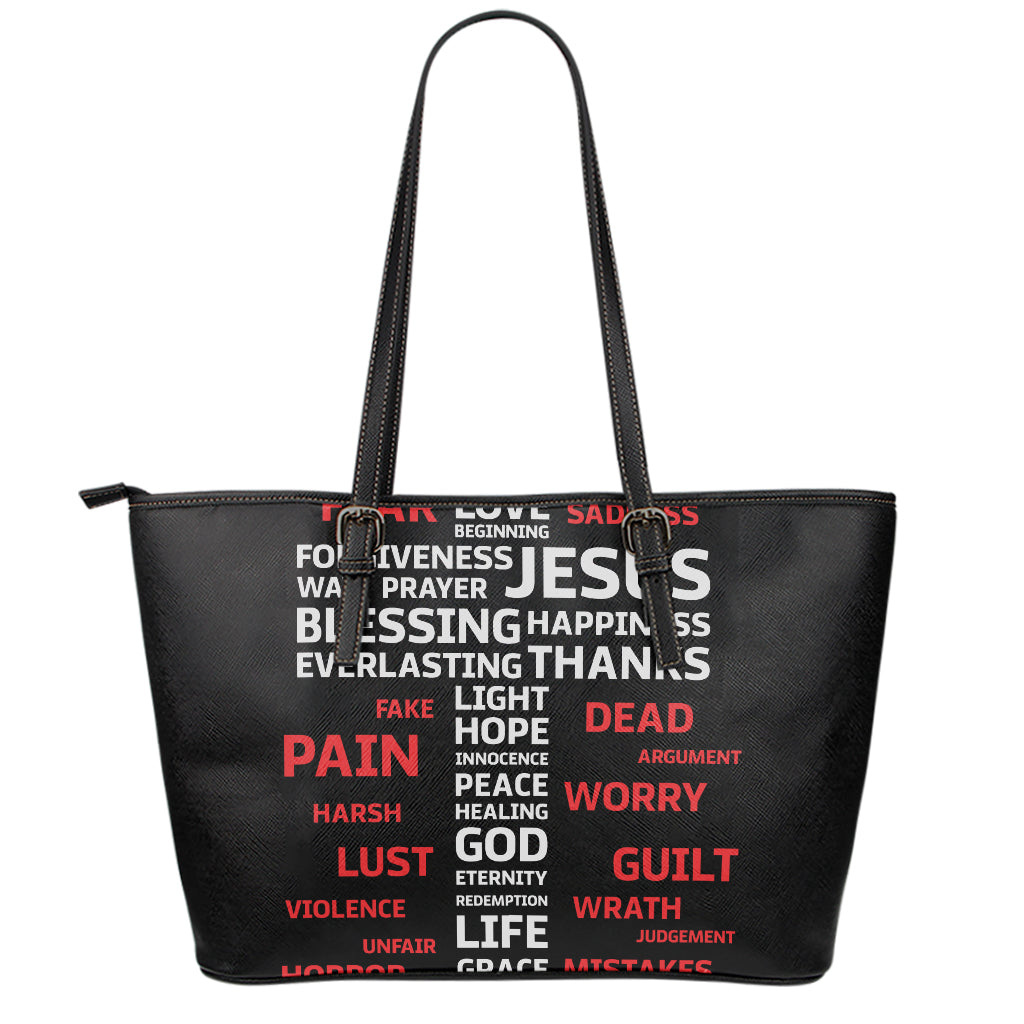 Christian Cross Religious Words Print Leather Tote Bag