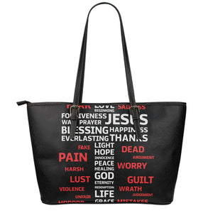 Christian Cross Religious Words Print Leather Tote Bag