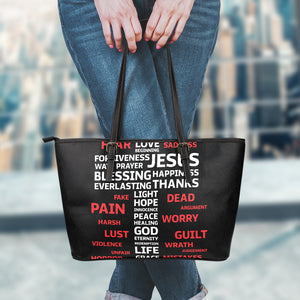 Christian Cross Religious Words Print Leather Tote Bag