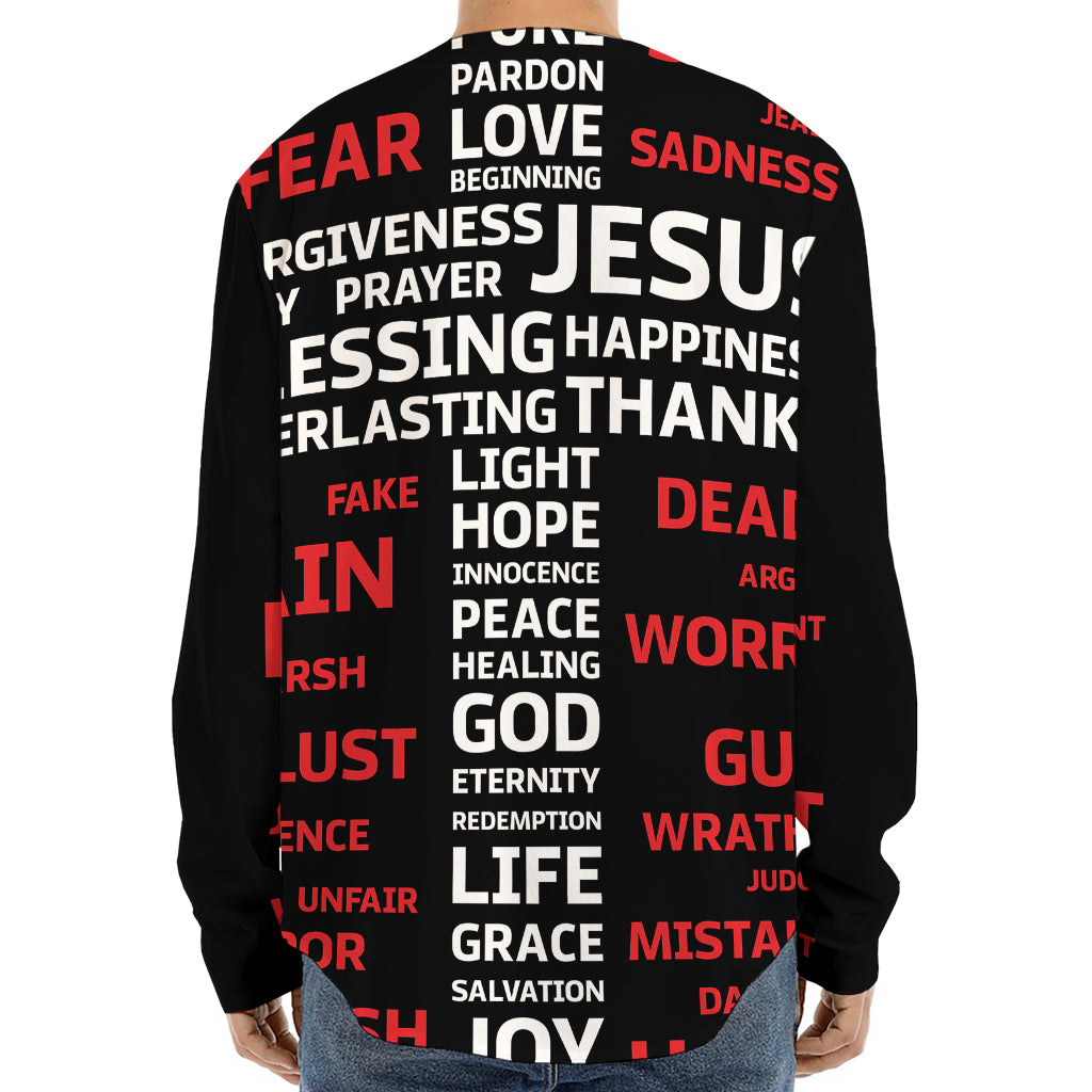 Christian Cross Religious Words Print Long Sleeve Baseball Jersey