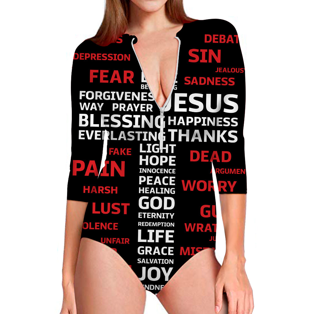 Christian Cross Religious Words Print Long Sleeve Swimsuit