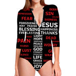 Christian Cross Religious Words Print Long Sleeve Swimsuit