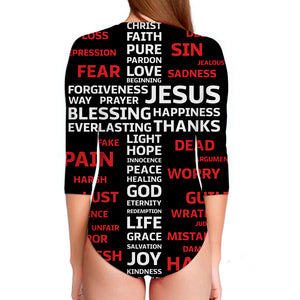 Christian Cross Religious Words Print Long Sleeve Swimsuit