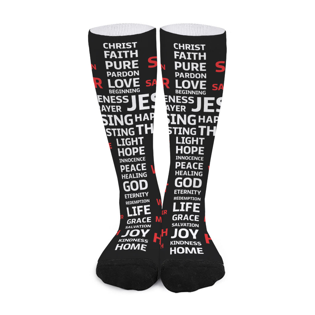 Christian Cross Religious Words Print Long Socks
