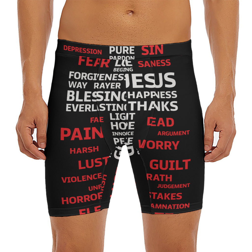 Christian Cross Religious Words Print Men's Long Boxer Briefs