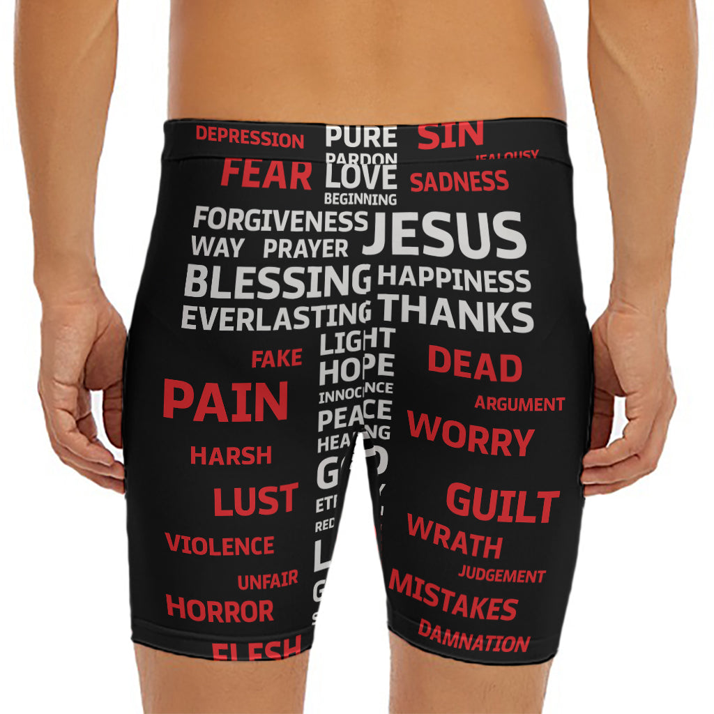 Christian Cross Religious Words Print Men's Long Boxer Briefs