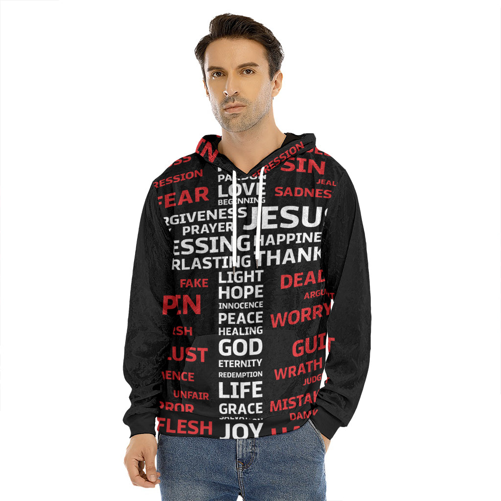 Christian Cross Religious Words Print Men's Velvet Pullover Hoodie