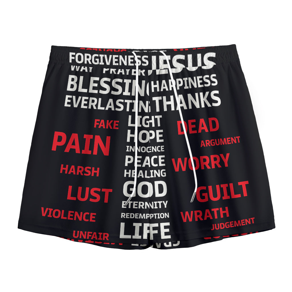 Christian Cross Religious Words Print Mesh Shorts