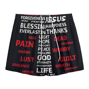 Christian Cross Religious Words Print Mesh Shorts