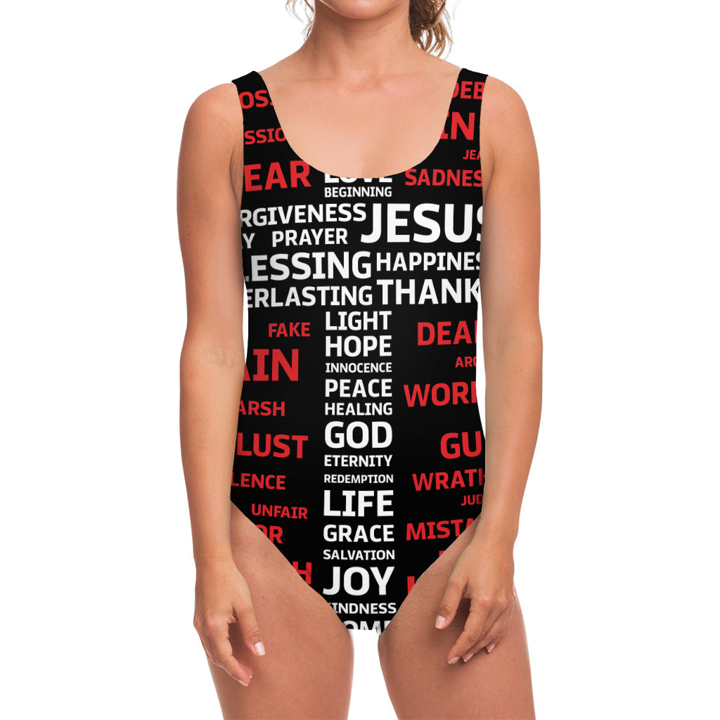 Christian Cross Religious Words Print One Piece Swimsuit