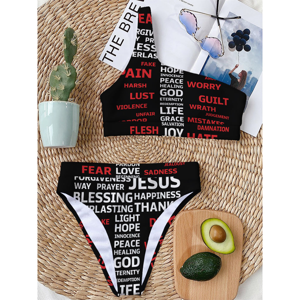 Christian Cross Religious Words Print One Shoulder Bikini Top