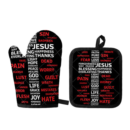 Christian Cross Religious Words Print Oven Mitt And Pot Holder Set
