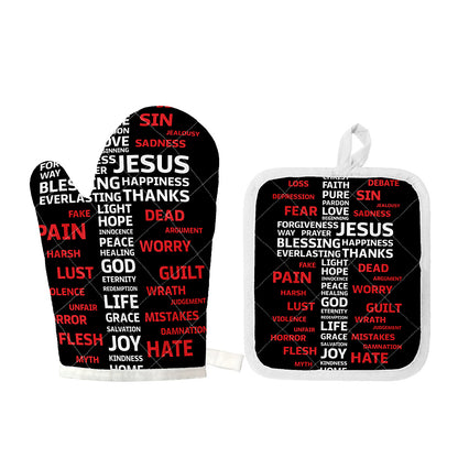 Christian Cross Religious Words Print Oven Mitt And Pot Holder Set