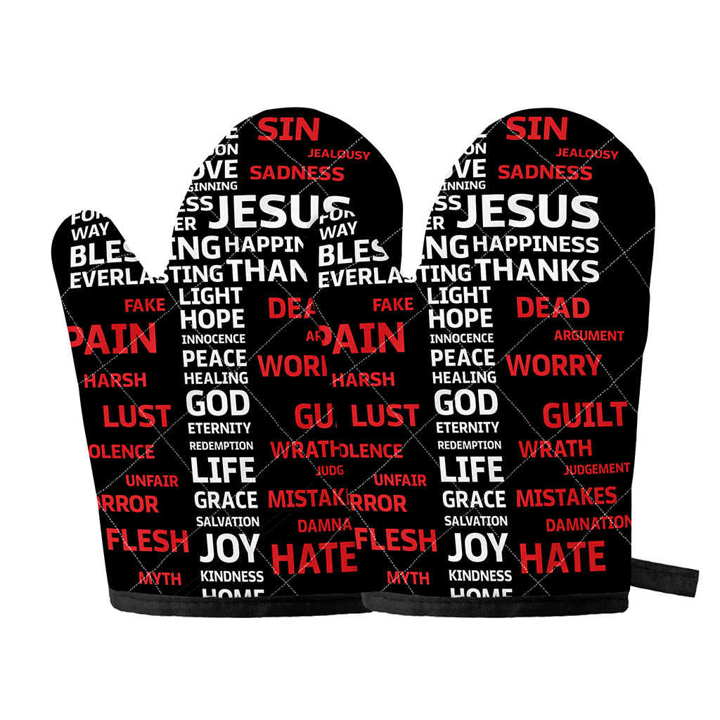 Christian Cross Religious Words Print Oven Mitts