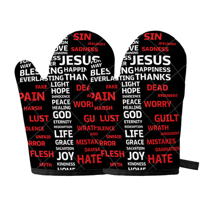 Christian Cross Religious Words Print Oven Mitts