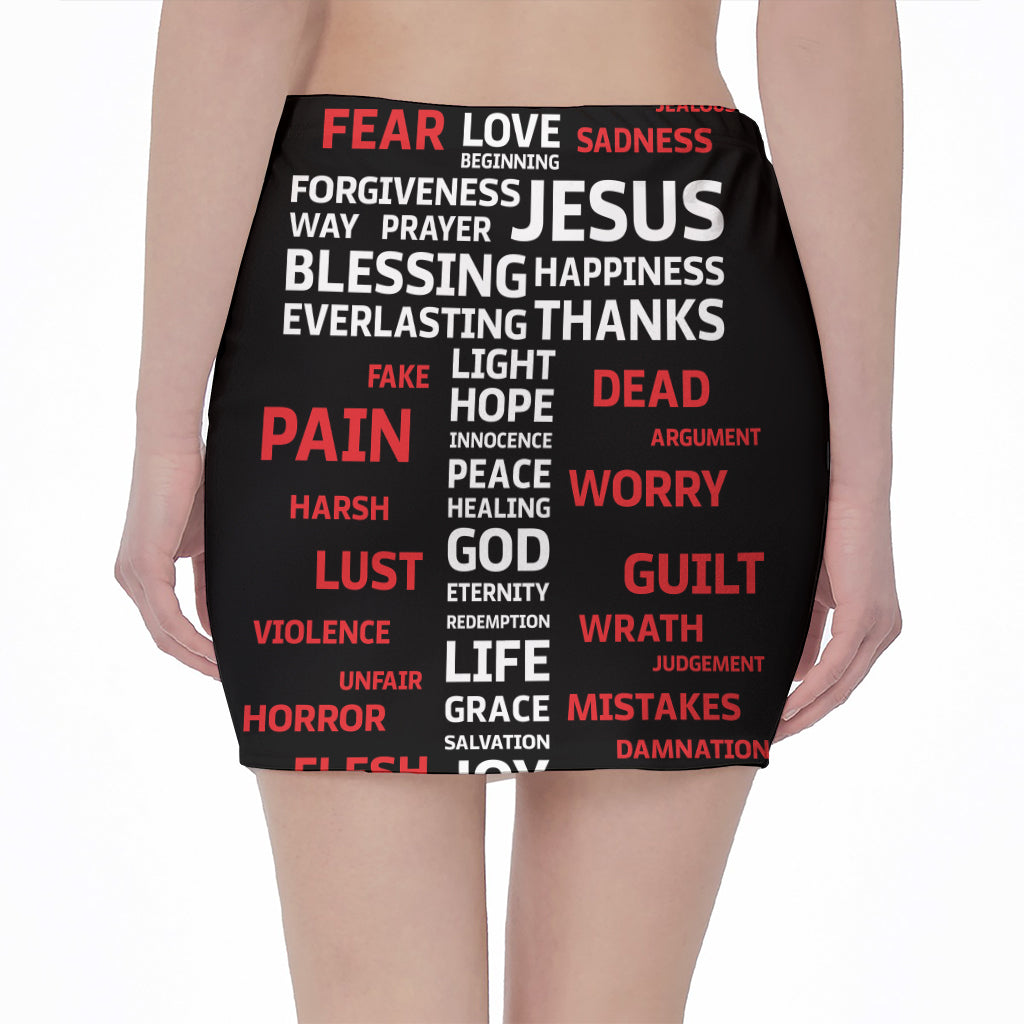 Christian Cross Religious Words Print Pencil Mini Skirt