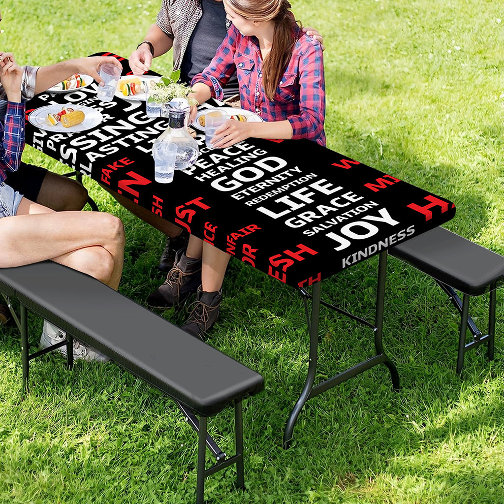 Christian Cross Religious Words Print Picnic Table Cover