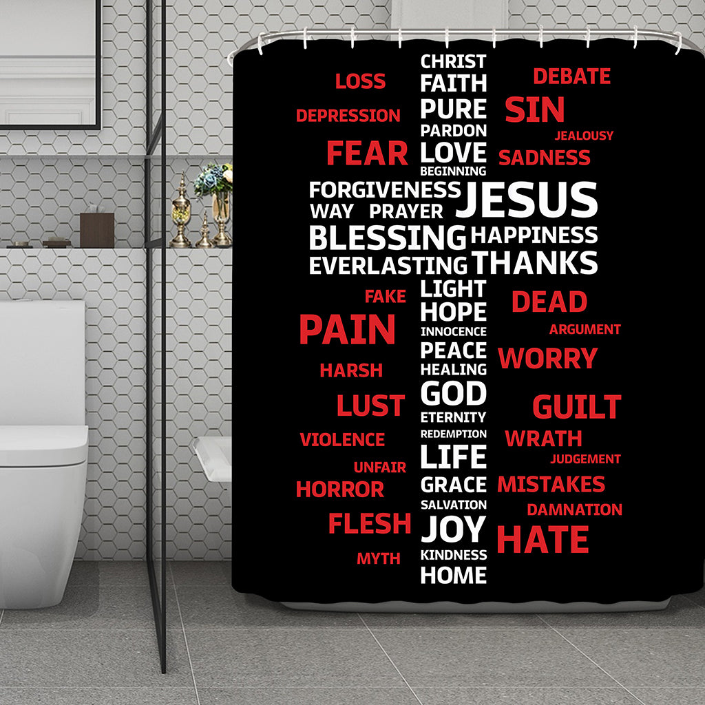 Christian Cross Religious Words Print Polyester Shower Curtain