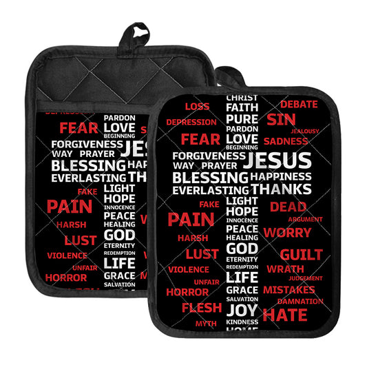 Christian Cross Religious Words Print Pot Holders With Pocket