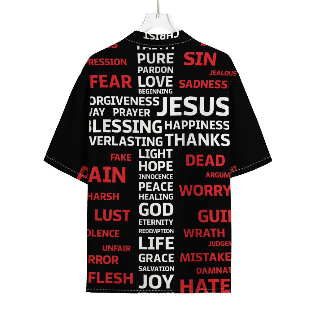 Christian Cross Religious Words Print Rayon Hawaiian Shirt