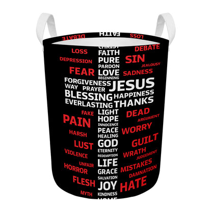 Christian Cross Religious Words Print Round Laundry Basket