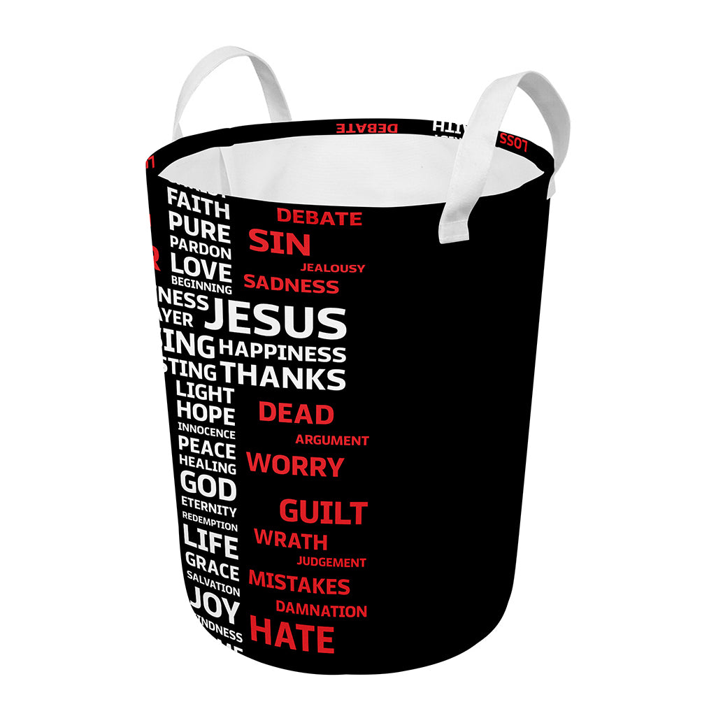 Christian Cross Religious Words Print Round Laundry Basket