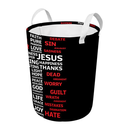 Christian Cross Religious Words Print Round Laundry Basket