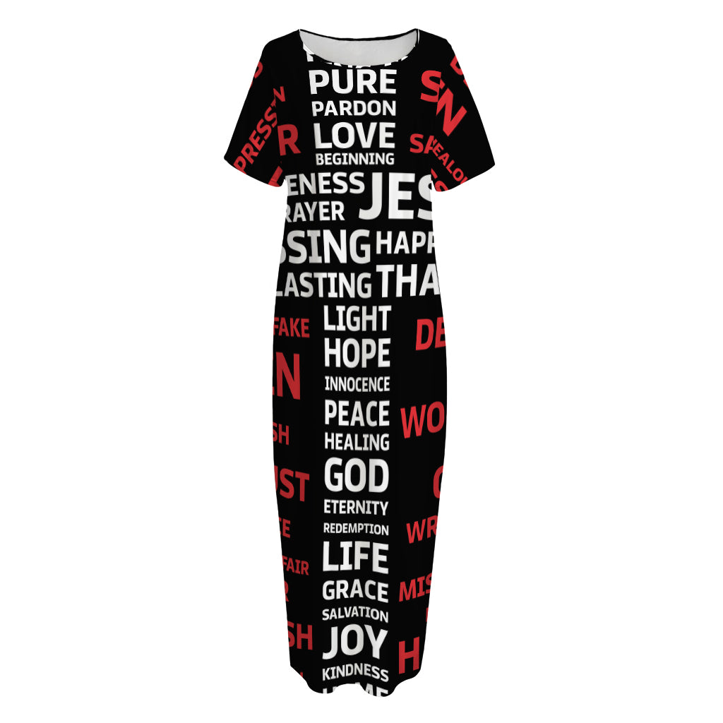 Christian Cross Religious Words Print Short Sleeve Long Nightdress