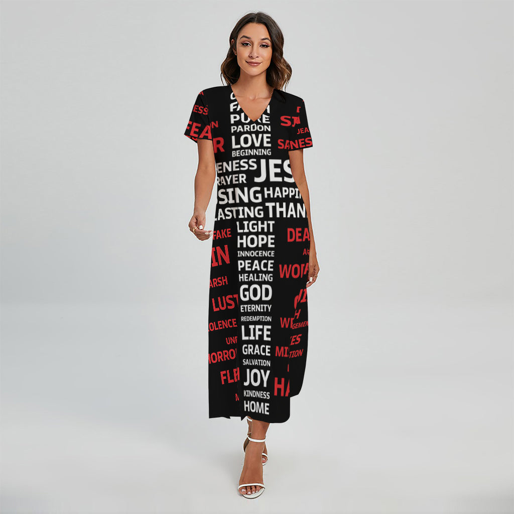 Christian Cross Religious Words Print Short Sleeve Maxi Dress