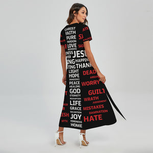 Christian Cross Religious Words Print Short Sleeve Maxi Dress