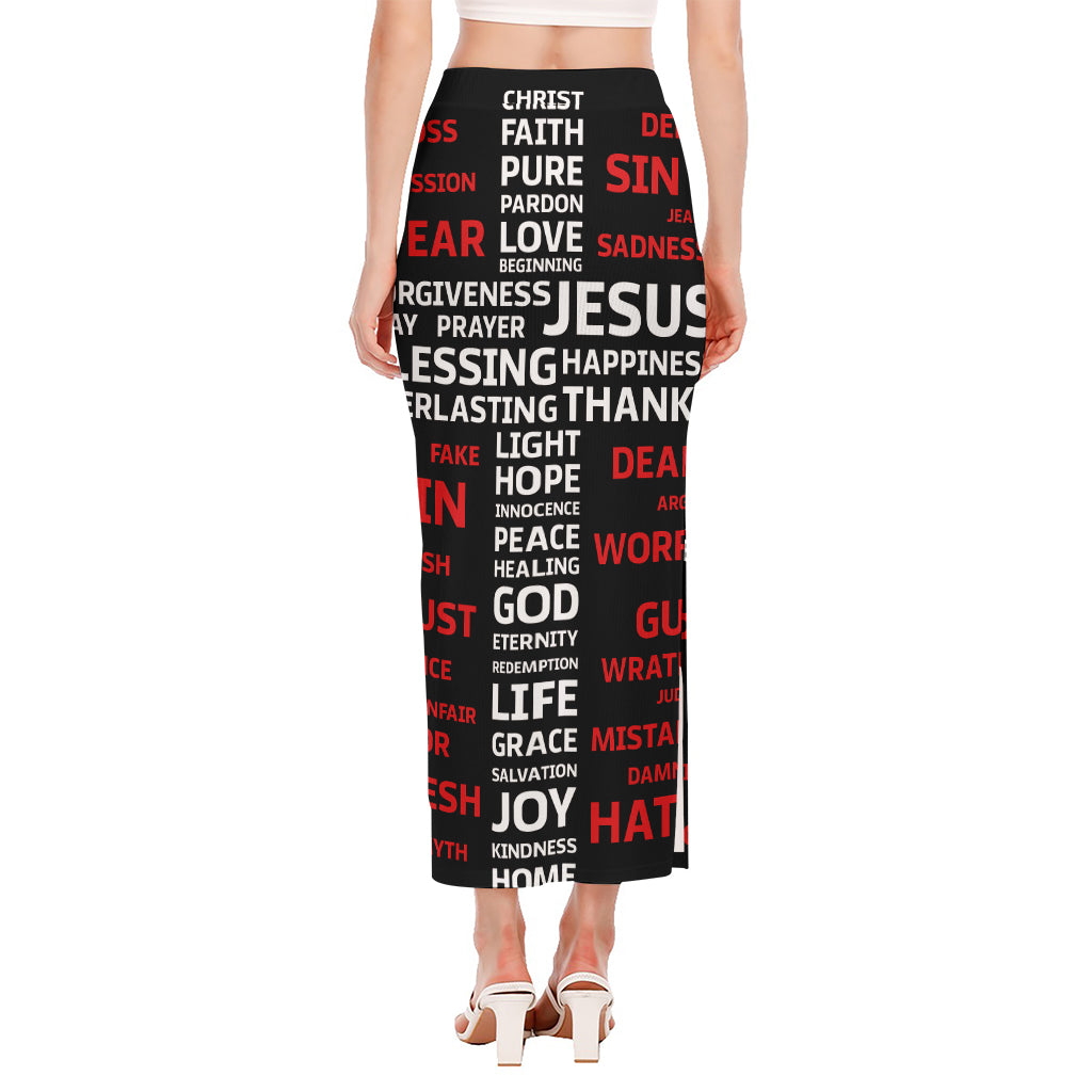 Christian Cross Religious Words Print Side Slit Maxi Skirt