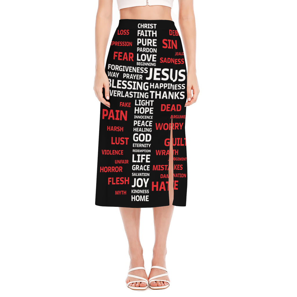 Christian Cross Religious Words Print Side Slit Midi Skirt