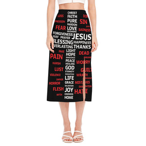 Christian Cross Religious Words Print Side Slit Midi Skirt