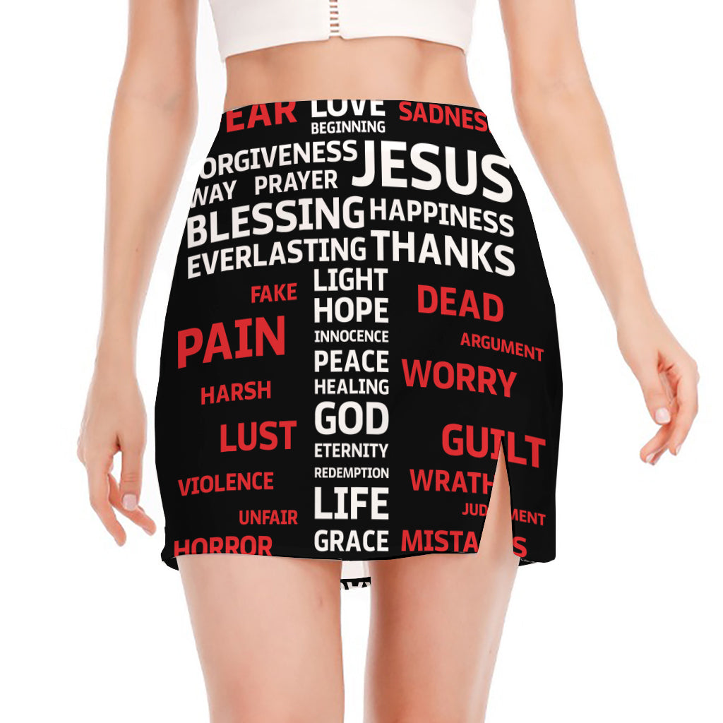 Christian Cross Religious Words Print Side Slit Mini Skirt