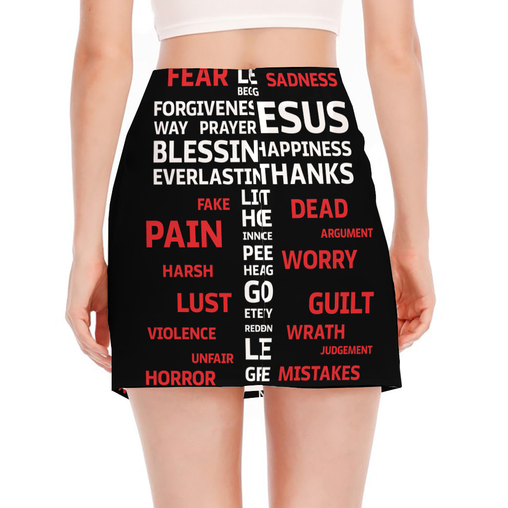 Christian Cross Religious Words Print Side Slit Mini Skirt