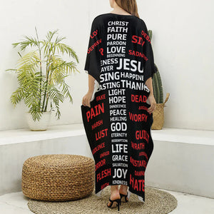 Christian Cross Religious Words Print Silk V-Neck Kaftan Dress