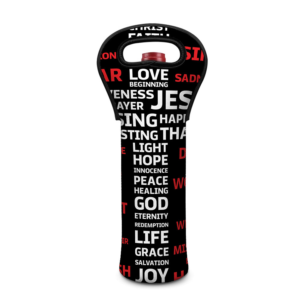 Christian Cross Religious Words Print Single Neoprene Wine Tote