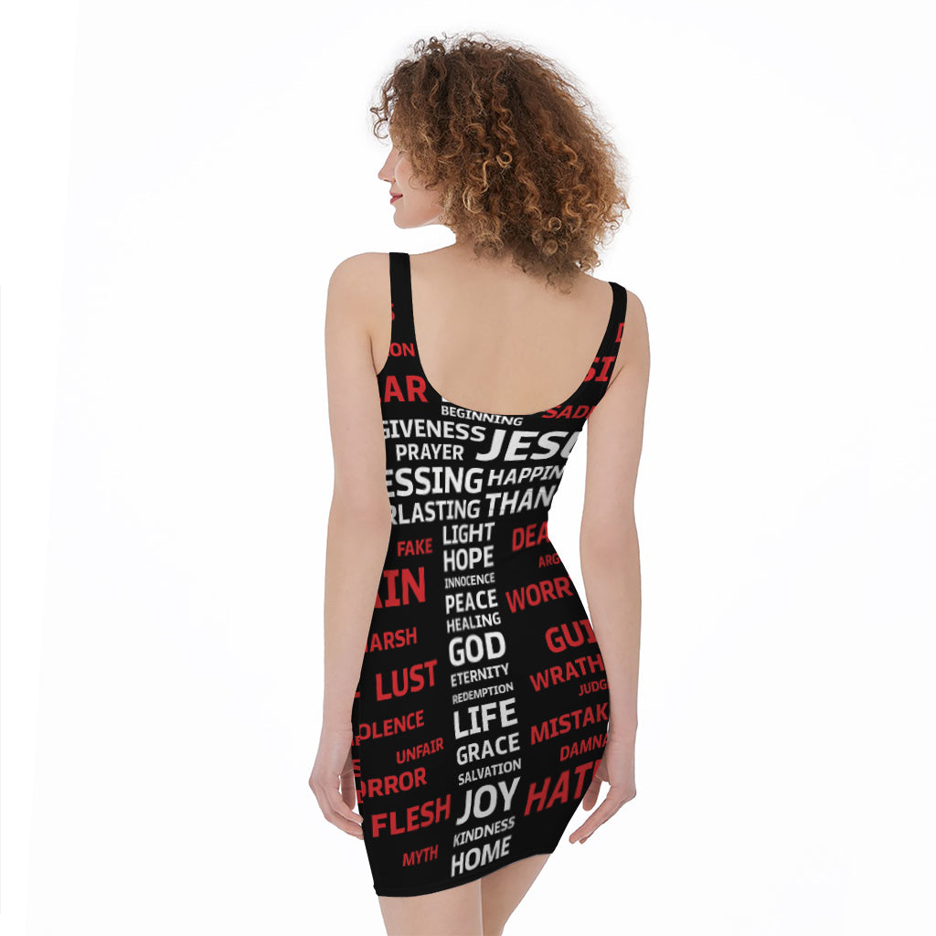 Christian Cross Religious Words Print Sleeveless Bodycon Dress