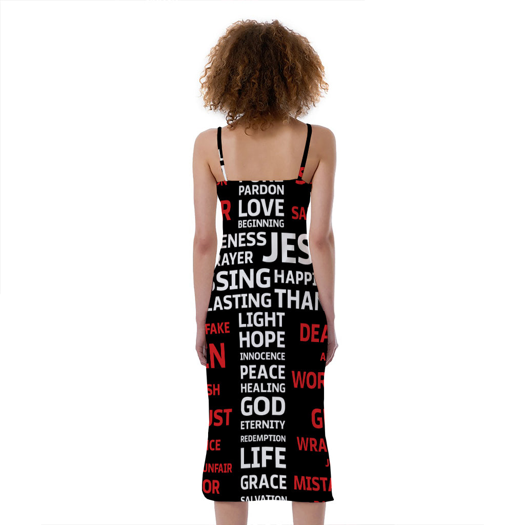 Christian Cross Religious Words Print Slim Fit Midi Cami Dress